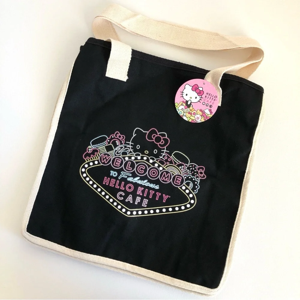 NWT Sanrio Hello Kitty Cafe Las Vegas Black Pastel Dessert Theme Canvas Tote Bag